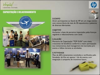 CAPACITAÇÅO E RELACIONAMENTO 
D.ESAFIO 
Atrair participantes ao Stand da HP em um mega evento 
com concorrência de mais de 30 expositores e palestras 
de diversos fabricantes. 
O.BJETIVO 
Aumentar a base de parceiros impactados pelas licenças 
regulares e relacionamento com canal. 
S.OLUÇÃO 
Maratona de Capacitação “TOP GUN” com níveis 
crescentes de benefícios conforme a maior participação 
nos treinamentos, lead management de inscrições pré-evento 
e follow durante as atividades. 
E.FETIVIDADE 
Mais de 600 treinamentos concluídos e verificados pelo 
Simulador de Vôo em apenas 1 dia de evento, com 
integração à campanha de incentivos futura. 
 