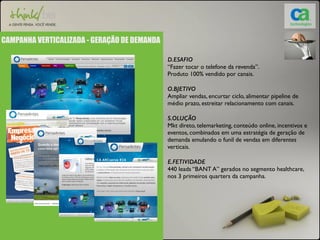 D.ESAFIO 
“Fazer tocar o telefone da revenda”. 
Produto 100% vendido por canais. 
O.BJETIVO 
Ampliar vendas, encurtar ciclo, alimentar pipeline de 
médio prazo, estreitar relacionamento com canais. 
S.OLUÇÃO 
Mkt direto, telemarketing, conteúdo online, incentivos e 
eventos, combinados em uma estratégia de geração de 
demanda emulando o funil de vendas em diferentes 
verticais. 
E.FETIVIDADE 
440 leads “BANT A” gerados no segmento healthcare, 
nos 3 primeiros quarters da campanha. 
CAMPANHA VERTICALIZADA - GERAÇÃO DE DEMANDA 
 
