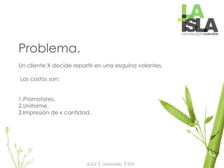 Problema.
Un cliente X decide repartir en una esquina volantes.
Los costos son:
1.Promotores.
2.Uniforme.
3.Impresión de x cantidad.
 