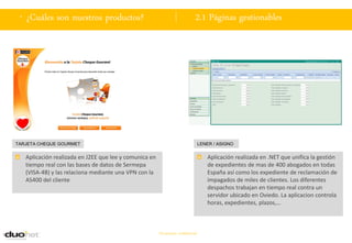 . ¿Cuáles son nuestros productos?                                           2.1 Páginas gestionables




TARJETA CHEQUE GOURMET                                                           LENER / ASIGNO


   Aplicación realizada en J2EE que lee y comunica en                               Aplicación realizada en .NET que unifica la gestión
   tiempo real con las bases de datos de Sermepa                                    de expedientes de mas de 400 abogados en todas
   (VISA-4B) y las relaciona mediante una VPN con la                                España así como los expediente de reclamación de
   AS400 del cliente                                                                impagados de miles de clientes. Los diferentes
                                                                                    despachos trabajan en tiempo real contra un
                                                                                    servidor ubicado en Oviedo. La aplicacion controla
                                                                                    horas, expedientes, plazos,…



                                                        Documento confidencial
 