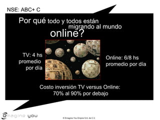 Costo inversi ón TV versus Online:  70% al 90% por debajo TV: 4 hs promedio  por d ía Online: 6/8 hs  promedio por d ía Por qu é  todo y todos están  migrando al mundo  online? NSE: ABC+ C 