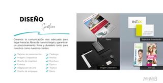 DISEÑO
Gráfico
Creamos la comunicación más adecuada para
llegar hasta las fibras de nuestro target y garantizar
un posicionamiento firme y duradero tanto para
nosotros como nuestros clientes.
Imagen Corporativa
Flyers
Roll ups
Tarjetas de Presentación
Tarjetas de presentación
Imagen corporativa
Diseño de Logotipo
Folletos
Adaptación de arte
Diseño de empaque
Catálogo
Revista
Brochure
Díptico
Tríptico
Menú
 