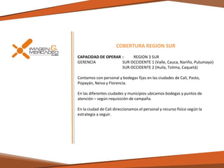 COBERTURA REGION SUR
CAPACIDAD DE OPERAR :
REGION 3 SUR
GERENCIA
SUR OCCIDENTE 1 (Valle, Cauca, Nariño, Putumayo)
SUR OCCIDENTE 2 (Huila, Tolima, Caquetá)
Contamos con personal y bodegas fijas en las ciudades de Cali, Pasto,
Popayán, Neiva y Florencia.
En las diferentes ciudades y municipios ubicamos bodegas y puntos de
atención – según requisición de campaña.
En la ciudad de Cali direccionamos el personal y recurso físico según la
estrategia a seguir.

 