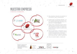 CREDENCIALES




NUESTRA EMPRESA
5 ÁREAS DE INTERACCIÓN



                                              Área proyectos, desarrollo de proyectos de
                                              notoriedad en retail y marketing ferial.



     2                               3        Nuestra área de productos standard, con
                                              más de 3000 soluciones para punto de ven-
                                              ta y marketing ferial listas para llevar e im-
                                              plementar. Ver www.fullpop.cl
                                              Diseño social y sustentable, área de respon-
                                              sabilidad social empresarial donde reconver-

                        1                     timos desechos de cartón de nuestros pro-
                                              ductos efímeros en juguetes educativos para
                                              primera infancia.
                                              Red de colaboración y capacitación con jó-
                                              venes talentos creativos, y redes de clientes


    5                                    4    a nivel de capacitaciones en innovación,
                                              diseños en modelos de negocios, metodolo-
                                              gía de desarrollo ágil , shopper marketing etc
                                              Área de impresión digital e instalaciones.




           Somos la agencia de
           diseño estratégico        Premio
           especialista en instore   Chile
           marketing                 Diseño


                                                                                               4
 