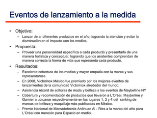 Eventos de lanzamiento a la medida
• Objetivo:
   – Lanzar de a diferentes productos en el año, logrando la atención y evitar la
     disminución en el impacto con los medios.
• Propuesta:
   – Proveer una personalidad específica a cada producto y presentarlo de una
     manera holística y conceptual, logrando que los asistentes comprendan de
     manera correcta la forma de vida que representa cada producto.
• Resultados:
   – Excelente cobertura de los medios y mayor empatía con la marca y sus
     representantes.
   – En 2008, Victorinox México fue premiado por los mejores eventos de
     lanzamientos de la comunidad Victorinox alrededor del mundo.
   – Asistencia récord de editoras de moda y belleza a los eventos de Maybelline NY
   – Cobertura y recomendación de productos que llevaron a L’Oréal, Maybelline y
     Garnier a ubicarse respectivamente en los lugares 1, 2 y 4 del ranking de
     marcas de belleza y maquillaje más publicadas en México.
   – Premio Nacional de Mercadotecnia Anáhuac Al - Ries a la marca del año para
     L’Oréal con mención para Espacio en medio.
 
