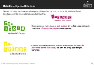 Disponga de una visión global de qué sucede en todos sus puntos de
venta y de cómo se comporta su comprador.
Conozca de manera precisa las estadísticas temporales del paso de
personas frente a un local, las 24h del día y por franjas
horarias.
Retail Intelligence Solutions
Somos representantes exclusivos para el Cono Sur de una de las soluciones de Retail
Intelligence más innovadoras para la industria.
11(c) 2014 - Gustavo Bertolini Consulting - Información propietaria y confidencial
 