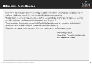 Referencias: Arcos Dorados
(c) 2014 - Gustavo Bertolini Consulting - Información propietaria y confidencial 8
“Conocimos a Gustavo Bertolini Consulting por recomendación de un colega de una compañía de
retail que nos brindó excelentes referencias sobre proyectos anteriores.
“Colaboró con nosotros principalmente en definir una estrategia de change management que nos
permitió realizar un cambio organizacional dentro del área de TI.
“Tanto la calidad de sus recursos, como la flexibilidad para trabajar en contextos ambiguos son
características que pude distinguir en Gustavo Bertolini Consulting.
“Con seguridad contaremos nuevamente con su colaboración en futuros proyectos.”
Martín Faigelbaum
Gerente de Proyectos de Sistemas
Arcos Dorados LatAm
 