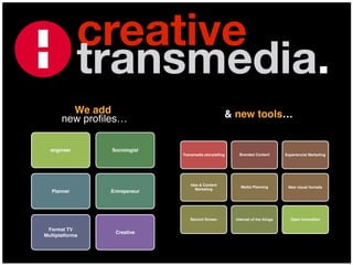 creative
transmedia.
engineer Sociologist
EntrepeneurPlanner
Format TV
Multiplatforms
Creative
Transmedia storytelling Branded Content Experiencial Marketing
New visual formatsMedia Planning
Idea & Content
Marketing
Second Screen Internet of the things Open Innovation
We add
new profiles… & new tools…
 
