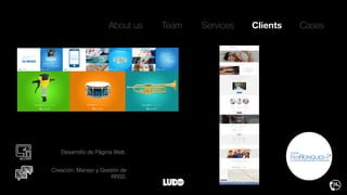 About us Team ClientsServices Cases
Creación, Manejo y Gestión de
RRSS.
Desarrollo de Página Web.
 