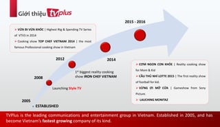 TVPlus is the leading communications and entertainment group in Vietnam. Established in 2005, and has
become Vietnam’s fas...