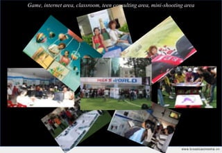 Game, internet area, classroom, teen consulting area, mini-shooting area
 