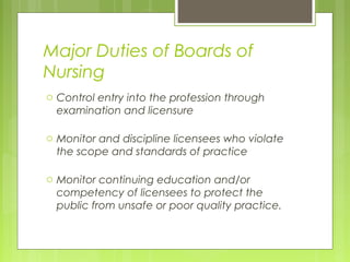 Major Duties of Boards of
Nursing
o Control entry into the profession through
examination and licensure

o Monitor and discipline licensees who violate
the scope and standards of practice

o Monitor continuing education and/or
competency of licensees to protect the
public from unsafe or poor quality practice.

 