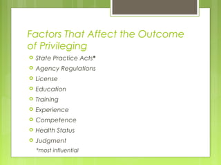 Factors That Affect the Outcome
of Privileging


State Practice Acts*



Agency Regulations



License



Education



Training



Experience



Competence



Health Status



Judgment
*most influential

 