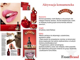 Aktywacja konsumencka


Wyzwanie
Wzrost sprzedaży marki Baileys w kluczowym dla
kategorii likierów okresie. Wzrost świadomości marki
w młodszej trudnej grupie konsumentów alkoholi
premium.

Insight
Zmysłowy swiat Baileys

Efekty
•Marka zachęca do aktywnego uczestnictwa,
wyrażania siebie
• Daje powód do prowadzenia rozmów na temat akcji
Akcja zwiększyła trial wśród użytkowników w trudnym
okresie przedświątecznym
• Przygotowany pakiet samplingowy
dystrybuowaliśmy przez sieć sklepów, które pozwoliły
Na najbardziej precyzyjne dotarcie do grupy docelowej
i przekazanie komunikatu
 
