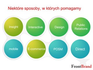 Niektóre sposoby, w których pomagamy


                                  Public
Insight   Interactive   Design   Relations




mobile    E-commerce    POSM     Direct
 