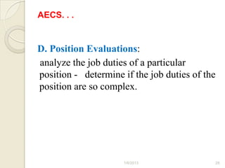 AECS. . .


D. Position Evaluations:
analyze the job duties of a particular
position - determine if the job duties of the
position are so complex.




                     1/6/2013                   28
 