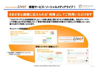 傾聴サービス：ソーシャルメディアライブ！

 さまざまな課題に応えられる「相棒」としてご利用いただけます
 「クロスメディアによる効果検証がしたい」「企業と商品に関するクチコミ情報を把握し、自社のマーケティ
 ング活動に生かせるか検証したい」「事故の発生前後で消費者の印象がどう変化したか調査したい」など、
 様々な形でご利用いただけます。

 キャンペーン効果測定に！




                        評判（インサイト）調査として！


※風潮調査、市場調査のひとつとしても
 ご利用いただけます。




                     Proprietary and Confidential to Toppan Printing, Co.,LTD.   Page 10
 