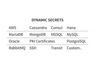 DYNAMIC SECRETSDYNAMIC SECRETS
AWS Cassandra Consul Hana
MariaDB MongoDB MSSQL MySQL
Oracle PKI Certificates PostgreSQL
RabbitMQ SSH Transit Custom..
 