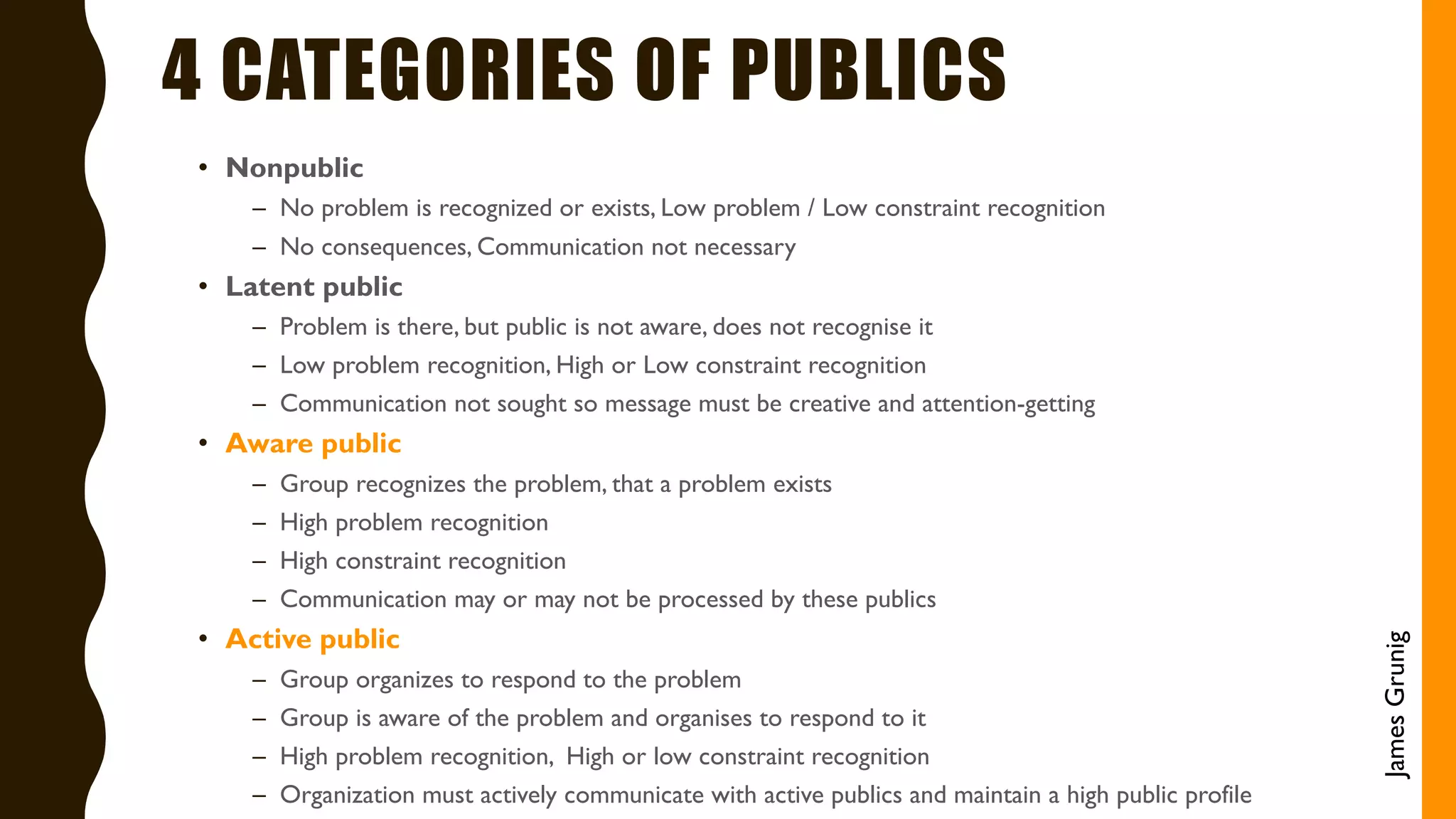 4 CATEGORIES OF PUBLICS
• Nonpublic
– No problem is recognized or exists, Low problem / Low constraint recognition
– No consequences, Communication not necessary
• Latent public
– Problem is there, but public is not aware, does not recognise it
– Low problem recognition, High or Low constraint recognition
– Communication not sought so message must be creative and attention-getting
• Aware public
– Group recognizes the problem, that a problem exists
– High problem recognition
– High constraint recognition
– Communication may or may not be processed by these publics
• Active public
– Group organizes to respond to the problem
– Group is aware of the problem and organises to respond to it
– High problem recognition, High or low constraint recognition
– Organization must actively communicate with active publics and maintain a high public profile
JamesGrunig
 