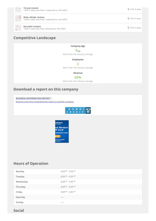 Competitive Landscape
Download a report on this company
Hours of Operation
Social
Company Age
9 yrs
More than the industry average
Employees
2
More than the industry average
Revenue
65%
More than the industry average
BUSINESS INFORMATION REPORT™
Receive a one-time comprehensive report on another company
D O W N L O A D
C R E D I T R E P O R T
Monday 8:00AM
- 5:00 PM
Tuesday 8:00AM
- 5:00 PM
Wednesday 8:00AM
- 5:00 PM
Thursday 8:00AM
- 5:00 PM
Friday 8:00AM
- 5:00 PM
Saturday --:--
Sunday --:--
 