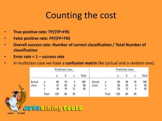 Counting the costTrue positive rate: TP/(TP+FN)False positive rate: FP/(FP+TN)Overall success rate: Number of correct classification / Total Number of classificationError rate = 1 – success rateIn multiclass case we have a confusion matrix like (actual and a random one): 