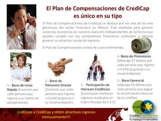 El Plan de Compensaciones de CrediCap
                                      es único en su tipo
                         El Plan de Compensaciones de CrediCap se destaca por ser uno de los más
                         generosos del sector financiero en México. Está diseñado para generar
                         solvencia económica en nuestros Asesores Independientes de tal forma que
                         puedan cumplir con los compromisos financieros contraídos y además
                         generar un atractivo caudal de ingresos.
                         El Plan de Compensaciones consta de cuatro elementos:

                                                                            4- Bono de Promotores
                                                                            (Obtenga $7 dólares por
                                                                            cada persona que ingrese
                                                                            a CrediCap gracias a su
                                                                            recomendación)

                          2.- Bono de                                       5.- Bono Gerencial
1.- Bono de Inicio        Patrocinio Directo     2.- Participación de       (obtenga $5 dólares por
Rápido (Comisión por      (Comisión por cada     Intereses Crediticios      cada persona que pague
cada persona que          persona que ingrese    (Comisiones mediante       la amortización mensual
ingrese a su matriz de    a CrediCap gracias a   Ingresos residuales en     de su crédito)
otorgamiento)             su recomendación)      matriz forzada de 5 X 5)

      ¡¡¡Afíliate a CrediCap y obtén atractivos ingresos
                       mensualmente!!!
 