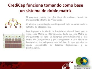 CrediCap funciona tomando como base
      un sistema de doble matriz
        El programa cuenta con dos tipos de matrices: Matriz de
        Otorgamiento y Matriz de Prestatarios.
        Al adquirir la membresía usted ingresará bajo su patrocinador a
        la Matriz de Otorgamiento.
        Para ingresar a la Matriz de Prestatarios deberá llenar por lo
        menos una Matriz de Otorgamiento. Cada que una Matriz de
        Otorgamiento se llene se reingresa automáticamente a otra
        Matriz de Otorgamiento y por consiguiente a otra Matriz de
        Prestatarios. Los reingresos son infinitos, lo que permite un
        caudal interminable de Créditos Capitalizables y de
        bonificaciones.
 