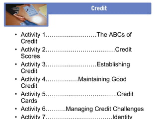 • Activity 1………….…………The ABCs of
  Credit
• Activity 2……………….……………Credit
  Scores
• Activity 3………….…………Establishing
  Credit
• Activity 4………….…Maintaining Good
  Credit
• Activity 5………….………………….Credit
  Cards
• Activity 6……….Managing Credit Challenges
 