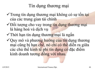 6/9/2015 International Finance Dpt. 46
Tín dụng thương mại
Trong tín dụng thương mại không có sự tồn tại
của các trung gian tài chính
Đối tượng cho vay trong tín dụng thương mại
là hàng hoá và dịch vụ
Thời hạn tín dụng thương mại là ngắn
Quy mô và phương hướng của tín dụng thương
mại cũng bị hạn chế, nó chỉ có thể diễn ra giữa
các chủ thể kinh tế phi tín dụng có đặc điểm
kinh doanh tương đồng với nhau.
 