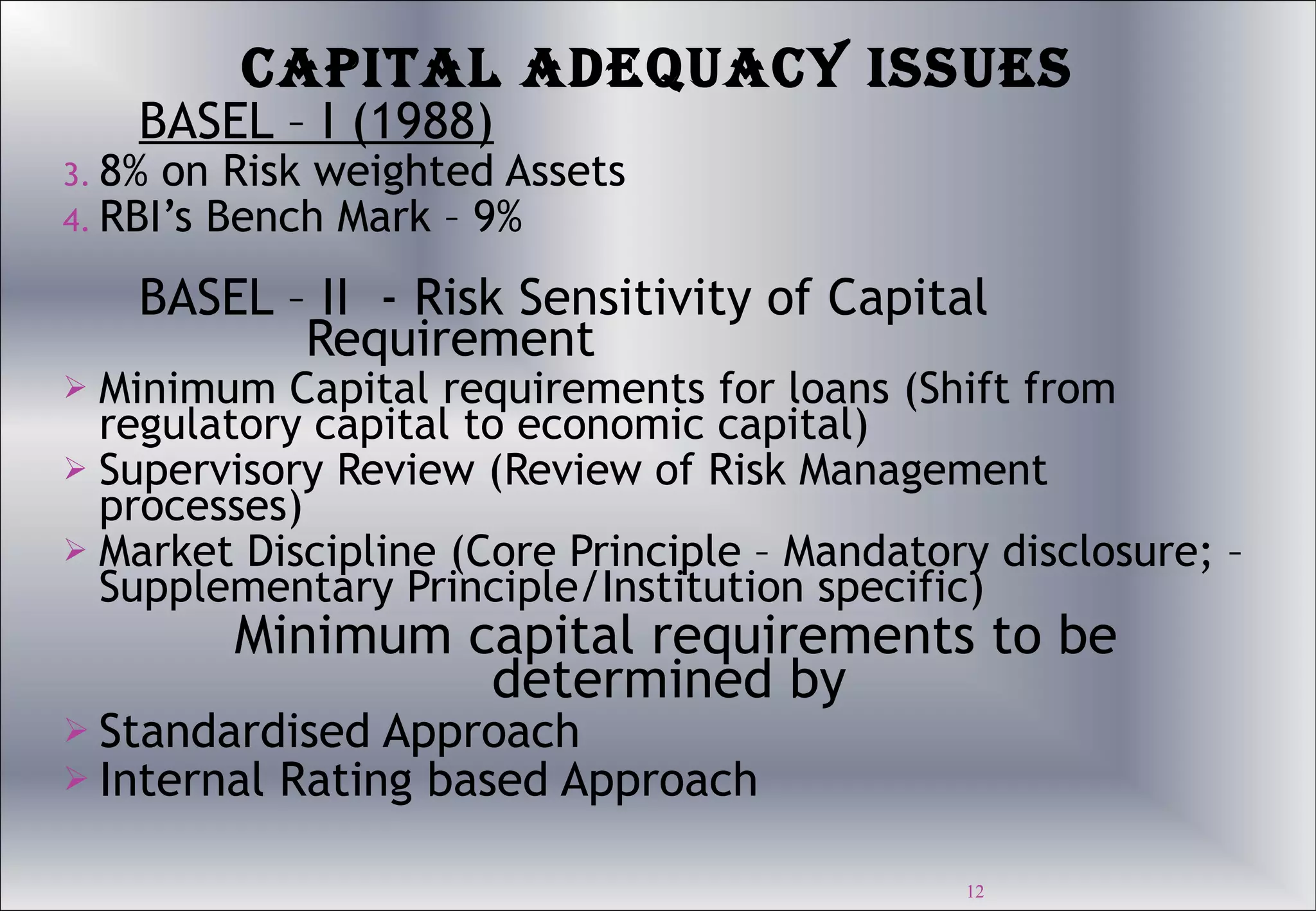 Capital Adequacy Issues BASEL – I (1988) 8% on Risk weighted Assets RBI’s Bench Mark – 9% BASEL – II  - Risk Sensitivity of Capital  Requirement Minimum Capital requirements for loans (Shift from regulatory capital to economic capital) Supervisory Review (Review of Risk Management processes) Market Discipline (Core Principle – Mandatory disclosure; –Supplementary Principle/Institution specific) Minimum capital requirements to be determined by   Standardised Approach Internal Rating based Approach 
