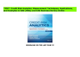 DOWNLOAD ON THE LAST PAGE !!!!
[#Download%] (Free Download) Credit Risk Analytics: Measurement Techniques, Applications, and Examples in SAS (Wiley and SAS Business Series) File The long-awaited, comprehensive guide to practical credit risk modeling Credit Risk Analytics provides a targeted training guide for risk managers looking to efficiently build or validate in-house models for credit risk management. Combining theory with practice, this book walks you through the fundamentals of credit risk management and shows you how to implement these concepts using the SAS credit risk management program, with helpful code provided. Coverage includes data analysis and preprocessing, credit scoring PD and LGD estimation and forecasting, low default portfolios, correlation modeling and estimation, validation, implementation of prudential regulation, stress testing of existing modeling concepts, and more, to provide a one-stop tutorial and reference for credit risk analytics. The companion website offers examples of both real and simulated credit portfolio data to help you more easily implement the concepts discussed, and the expert author team provides practical insight on this real-world intersection of finance, statistics, and analytics.SAS is the preferred software for credit risk modeling due to its functionality and ability to process large amounts of data. This book shows you how to exploit the capabilities of this high-powered package to create clean, accurate credit risk management models.Understand the general concepts of credit risk management Validate and stress-test existing models Access working examples based on both real and simulated data Learn useful code for implementing and validating models in SAS Despite the high demand for in-house models, there is little comprehensive training available practitioners are left to comb through piece-meal resources, executive training courses, and consultancies to cobble together the information they need. This book ends the search by providing a comprehensive, focused
resource backed by expert guidance. Credit Risk Analytics is the reference every risk manager needs to streamline the modeling process.
^PDF^ Credit Risk Analytics: Measurement Techniques, Applications,
and Examples in SAS (Wiley and SAS Business Series) Online
 