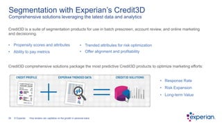 28 © Experian
Credit3D is a suite of segmentation products for use in batch prescreen, account review, and online marketin...