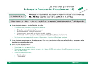 Les mesures par métier
                         La banque de financement et d’investissement (1/2)

                                 Annonce de l’objectif de réduction de nos besoins de financement de
 28 septembre 2011               15 à 18 Mds € dont 9 Mds € à fin 2011 et 75 % en USD

     Un nouveau modèle pour la banque de financement et d’investissement du Crédit Agricole

     Une stratégie visant à limiter la taille du bilan
     –   Adaptation vers un modèle « Originate to Distribute »
            Origination et structuration du financement
            Accroissement des solutions obligataires
            Développement accru de la syndication et de la titrisation
            Partenariats amont avec les investisseurs susceptibles d’acquérir nos financements
     –   Renforcement des capacités de conseil et d’exécution : Investment Banking et courtage

     Une stratégie au service du développement des grands clients du Groupe adaptée à un nouveau cadre
     de désintermédiation bancaire
     Trois leviers d’adaptation :
     –   Recentrage vers les grands clients
     –   Recentrage géographique, avec la fermeture de 21 pays. CACIB reste présent dans 32 pays qui représentent
         84 % du PIB mondial
     –   Sortie de certaines activités :
            Dérivés actions
            Commodities



11
 
