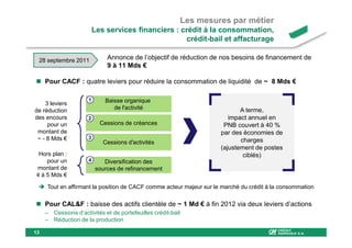 Les mesures par métier
                          Les services financiers : crédit à la consommation,
                                                     crédit-bail et affacturage

 28 septembre 2011            Annonce de l’objectif de réduction de nos besoins de financement de
                              9 à 11 Mds €

     Pour CACF : quatre leviers pour réduire la consommation de liquidité de ~ 8 Mds €

                      1      Baisse organique
    3 leviers
de réduction                    de l'activité                                 A terme,
des encours           2                                                   impact annuel en
     pour un                Cessions de créances                        PNB couvert à 40 %
 montant de                                                            par des économies de
 ~ - 8 Mds €          3
                             Cessions d'activités                             charges
                                                                       (ajustement de postes
 Hors plan :                                                                   ciblés)
    pour un           4      Diversification des
montant de                sources de refinancement
4 à 5 Mds €

     Tout en affirmant la position de CACF comme acteur majeur sur le marché du crédit à la consommation

     Pour CAL&F : baisse des actifs clientèle de ~ 1 Md € à fin 2012 via deux leviers d’actions
     – Cessions d’activités et de portefeuilles crédit-bail
     – Réduction de la production

13
 