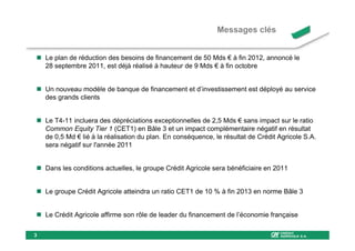 Messages clés


    Le plan de réduction des besoins de financement de 50 Mds € à fin 2012, annoncé le
    28 septembre 2011, est déjà réalisé à hauteur de 9 Mds € à fin octobre


    Un nouveau modèle de banque de financement et d’investissement est déployé au service
    des grands clients


    Le T4-11 incluera des dépréciations exceptionnelles de 2,5 Mds € sans impact sur le ratio
    Common Equity Tier 1 (CET1) en Bâle 3 et un impact complémentaire négatif en résultat
    de 0,5 Md € lié à la réalisation du plan. En conséquence, le résultat de Crédit Agricole S.A.
    sera négatif sur l'année 2011


    Dans les conditions actuelles, le groupe Crédit Agricole sera bénéficiaire en 2011


    Le groupe Crédit Agricole atteindra un ratio CET1 de 10 % à fin 2013 en norme Bâle 3


    Le Crédit Agricole affirme son rôle de leader du financement de l’économie française

3
 