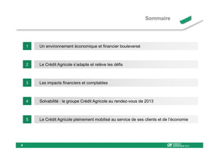Sommaire




    1   Un environnement économique et financier bouleversé



    2   Le Crédit Agricole s’adapte et relève les défis



    3   Les impacts financiers et comptables



    4   Solvabilité : le groupe Crédit Agricole au rendez-vous de 2013



    5   Le Crédit Agricole pleinement mobilisé au service de ses clients et de l’économie




4
 
