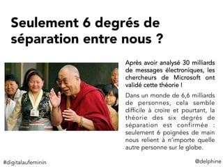 Seulement 6 degrés de
séparation entre nous ? 
@delphine	
  
Après avoir analysé 30 milliards
de messages électroniques, les
chercheurs de Microsoft ont
validé cette théorie !
Dans un monde de 6,6 milliards
de personnes, cela semble
difficile à croire et pourtant, la
théorie des six degrés de
séparation est confirmée :
seulement 6 poignées de main
nous relient à n’importe quelle
autre personne sur le globe.
#digitalaufeminin	
  
 