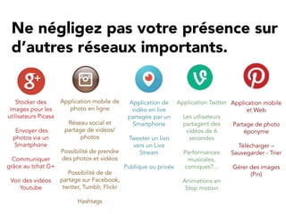 Ne négligez pas votre présence sur
d’autres réseaux importants.
Stocker des
images pour les
utilisateurs Picasa
Envoyer des
photos via un
Smartphone
Communiquer
grâce au tchat G+
Voir des vidéos
Youtube
Application mobile de
photo en ligne
Réseau social et
partage de vidéos/
photos
Possibilité de prendre
des photos et vidéos
Possibilité de de
partage sur Facebook,
twitter, Tumblr, Flickr
Hashtags
Application Twitter
Les utlisateurs
partagent des
vidéos de 6
secondes
Performances
musicales,
comiques?...
Animations en
Stop motion
Application de
vidéo en live
partagée par un
Smartphone
Tweeter un lien
vers un Live
Stream
Publique ou privée
Application mobile
et Web
Partage de photo
éponyme
Télécharger –
Sauvegarder - Trier
Gérer des images
(Pin)
 
