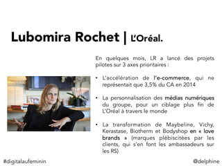 Lubomira Rochet | L’Oréal. 
En quelques mois, LR a lancé des projets
pilotes sur 3 axes prioritaires :
•  L’accélération de l‘e-commerce, qui ne
représentait que 3,5% du CA en 2014
•  La personnalisation des médias numériques
du groupe, pour un ciblage plus fin de
L’Oréal à travers le monde
•  La transformation de Maybeline, Vichy,
Kerastase, Biotherm et Bodyshop en «  love
brands  » (marques plébiscitées par les
clients, qui s’en font les ambassadeurs sur
les RS)
#digitalaufeminin	
   @delphine	
  
 