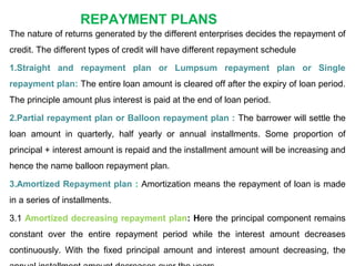 REPAYMENT PLANS
The nature of returns generated by the different enterprises decides the repayment of
credit. The different types of credit will have different repayment schedule
1.Straight and repayment plan or Lumpsum repayment plan or Single
repayment plan: The entire loan amount is cleared off after the expiry of loan period.
The principle amount plus interest is paid at the end of loan period.
2.Partial repayment plan or Balloon repayment plan : The barrower will settle the
loan amount in quarterly, half yearly or annual installments. Some proportion of
principal + interest amount is repaid and the installment amount will be increasing and
hence the name balloon repayment plan.
3.Amortized Repayment plan : Amortization means the repayment of loan is made
in a series of installments.
3.1 Amortized decreasing repayment plan: Here the principal component remains
constant over the entire repayment period while the interest amount decreases
continuously. With the fixed principal amount and interest amount decreasing, the
 