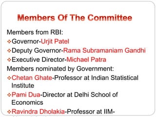 Members from RBI:
Governor-Urjit Patel
Deputy Governor-Rama Subramaniam Gandhi
Executive Director-Michael Patra
Members nominated by Government:
Chetan Ghate-Professor at Indian Statistical
Institute
Pami Dua-Director at Delhi School of
Economics
Ravindra Dholakia-Professor at IIM-
 