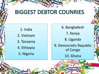 BIGGEST DEBTOR COUNRIES

                  6. Bangladesh
  1. India
                    7. Kenya
2. Vietnam
                    8. Uganda
3. Tanzania
              9. Democratic Republic
4. Ethiopia
                    of Congo
 5. Nigeria
                    10. Ghana
 