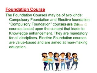 Suresh Babu G
Foundation Course
The Foundation Courses may be of two kinds:
Compulsory Foundation and Elective foundation.
“Compulsory Foundation” courses are the
courses based upon the content that leads to
Knowledge enhancement. They are mandatory
for all disciplines. Elective Foundation courses
are value-based and are aimed at man-making
education.
 