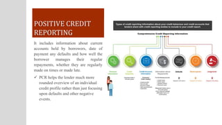 POSITIVE CREDIT
REPORTING
It includes information about current
accounts held by borrowers, date of
payment any defaults a...