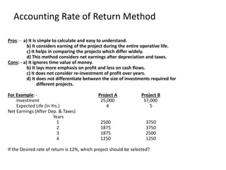 Pros: - a) It is simple to calculate and easy to understand.
b) It considers earning of the project during the entire operative life.
c) It helps in comparing the projects which differ widely.
d) This method considers net earnings after depreciation and taxes.
Cons: - a) It ignores time value of money.
b) It lays more emphasis on profit and less on cash flows.
c) It does not consider re-investment of profit over years.
d) It does not differentiate between the size of investments required for
different projects.
For Example: - Project A Project B
Investment 25,000 37,000
Expected Life (In Yrs.) 4 5
Net Earnings (After Dep. & Taxes)
Years
1 2500 3750
2 1875 3750
3 1875 2500
4 1250 1250
If the Desired rate of return is 12%, which project should be selected?
Accounting Rate of Return Method
 