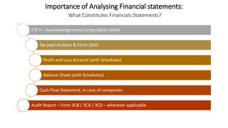 Importance of Analysing Financial statements:
What Constitutes Financials Statements?
ITR V – Acknowledgement Computation Sheet
Tax paid challans & Form 26AS
Profit and Loss Account (with Schedules)
Balance Sheet (with Schedules)
Cash Flow Statement, in case of companies
Audit Report – Form 3CB / 3CA / 3CD – wherever applicable
 