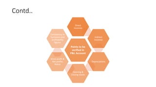 Contd..
Points to be
verified in
P&L Account
Direct
Incomes
Indirect
Incomes
Depreciations
Opening &
Closing stocks
Gross profit &
Net profits
Ratios
Consistency in
Turnovers and
profitability
figures
 