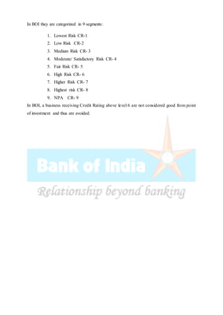 In BOI they are categorized in 9 segments:
1. Lowest Risk CR-1
2. Low Risk CR-2
3. Medium Risk CR- 3
4. Moderate/ Satisfactory Risk CR- 4
5. Fair Risk CR- 5
6. High Risk CR- 6
7. Higher Risk CR- 7
8. Highest risk CR- 8
9. NPA CR- 9
In BOI, a business receiving Credit Rating above level 6 are not considered good from point
of investment and thus are avoided.
 