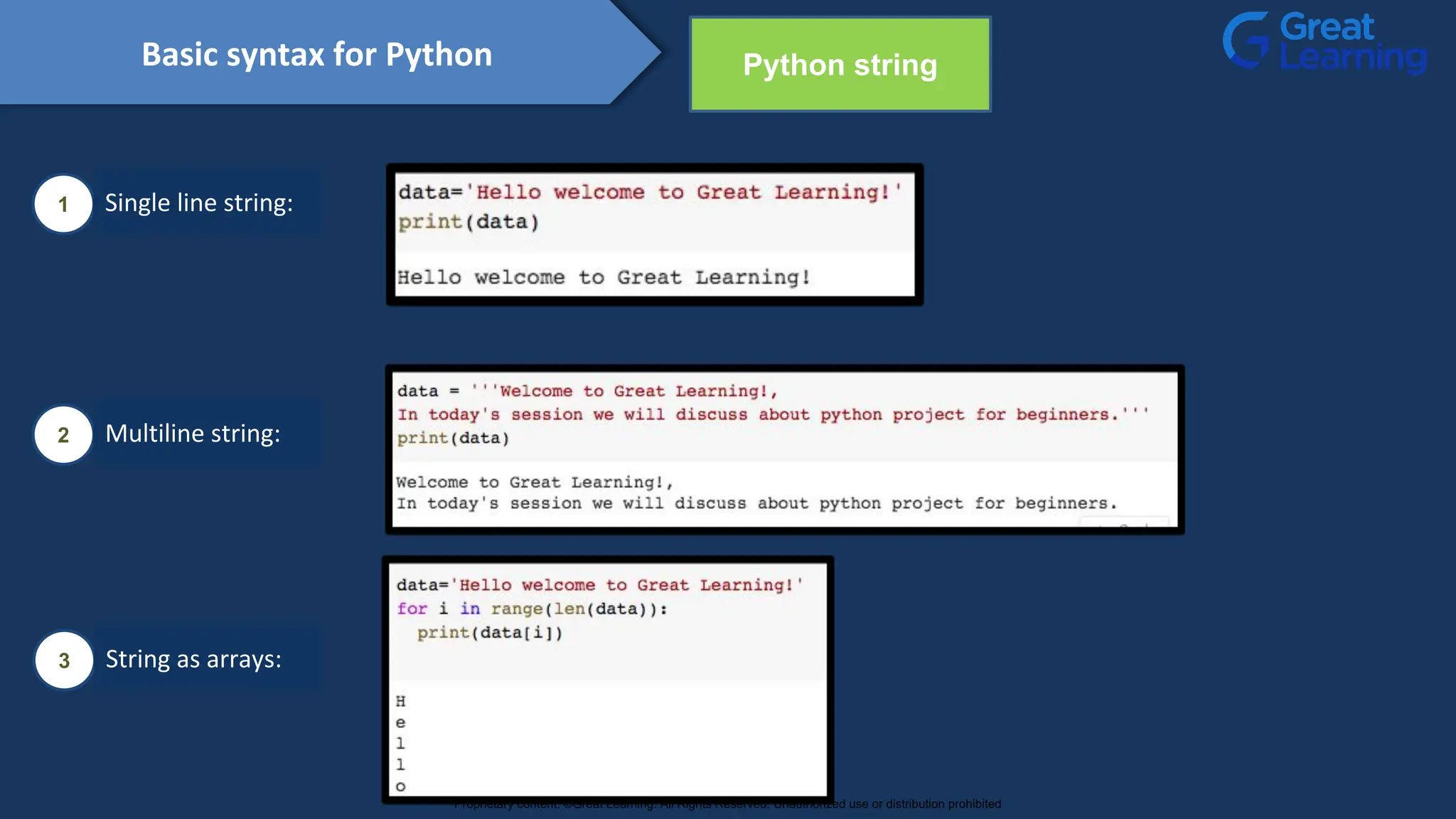 Basic syntax for Python Python string
1 Single line string:
2 Multiline string:
3 String as arrays:
Proprietary content. ©Great Learning. All Rights Reserved. Unauthorized use or distribution prohibited
 