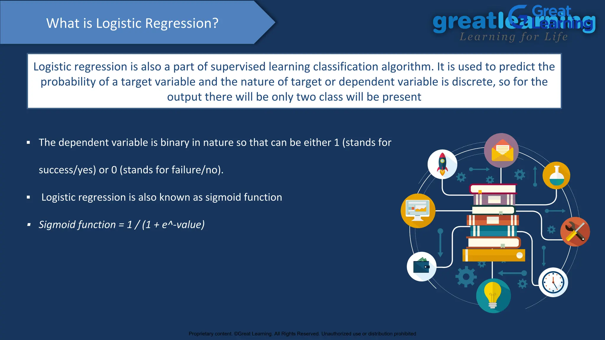 What is Logistic Regression?
Logistic regression is also a part of supervised learning classification algorithm. It is used to predict the
probability of a target variable and the nature of target or dependent variable is discrete, so for the
output there will be only two class will be present
▪ The dependent variable is binary in nature so that can be either 1 (stands for
success/yes) or 0 (stands for failure/no).
▪ Logistic regression is also known as sigmoid function
▪ Sigmoid function = 1 / (1 + e^-value)
Proprietary content. ©Great Learning. All Rights Reserved. Unauthorized use or distribution prohibited
 